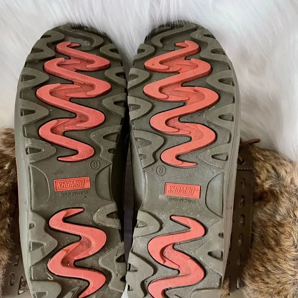 KHOMBU snow boots leather & rubber olive green and orange with faux fur SZ8M